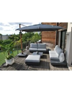 Parasol Déporté 3 X 3 M - Heat Transfert Effet Teck - Anthracite Chiné -Petit Coin Vert Magasin parasol deporte 3 x 3 m heat transfert effet teck 1