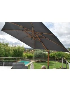 Parasol Déporté 3 X 3 M - Heat Transfert Effet Teck - Anthracite Chiné -Petit Coin Vert Magasin parasol deporte 3 x 3 m heat transfert effet teck 5