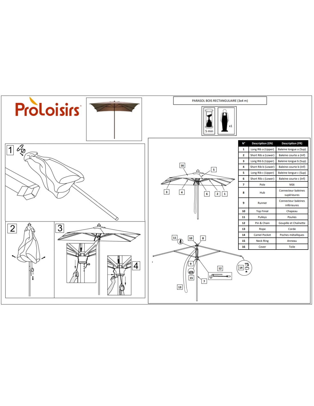 Parasol Droit Bois 3x4m Ouverture à Poulie - 3 Coloris - Ecru 5 Parasol Droit Bois 3x4m Ouverture à Poulie - 3 Coloris - Ecru – Image 3