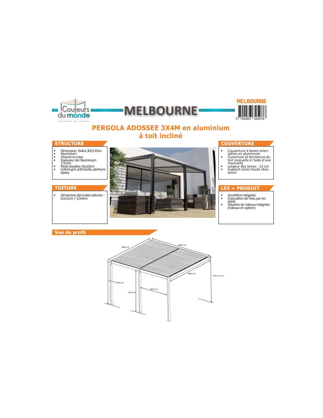 Pergola Adossée Bioclimatique MELBOURNE 3x4 M En Aluminium 4 Pergola Adossée Bioclimatique MELBOURNE 3x4 M En Aluminium – Image 2