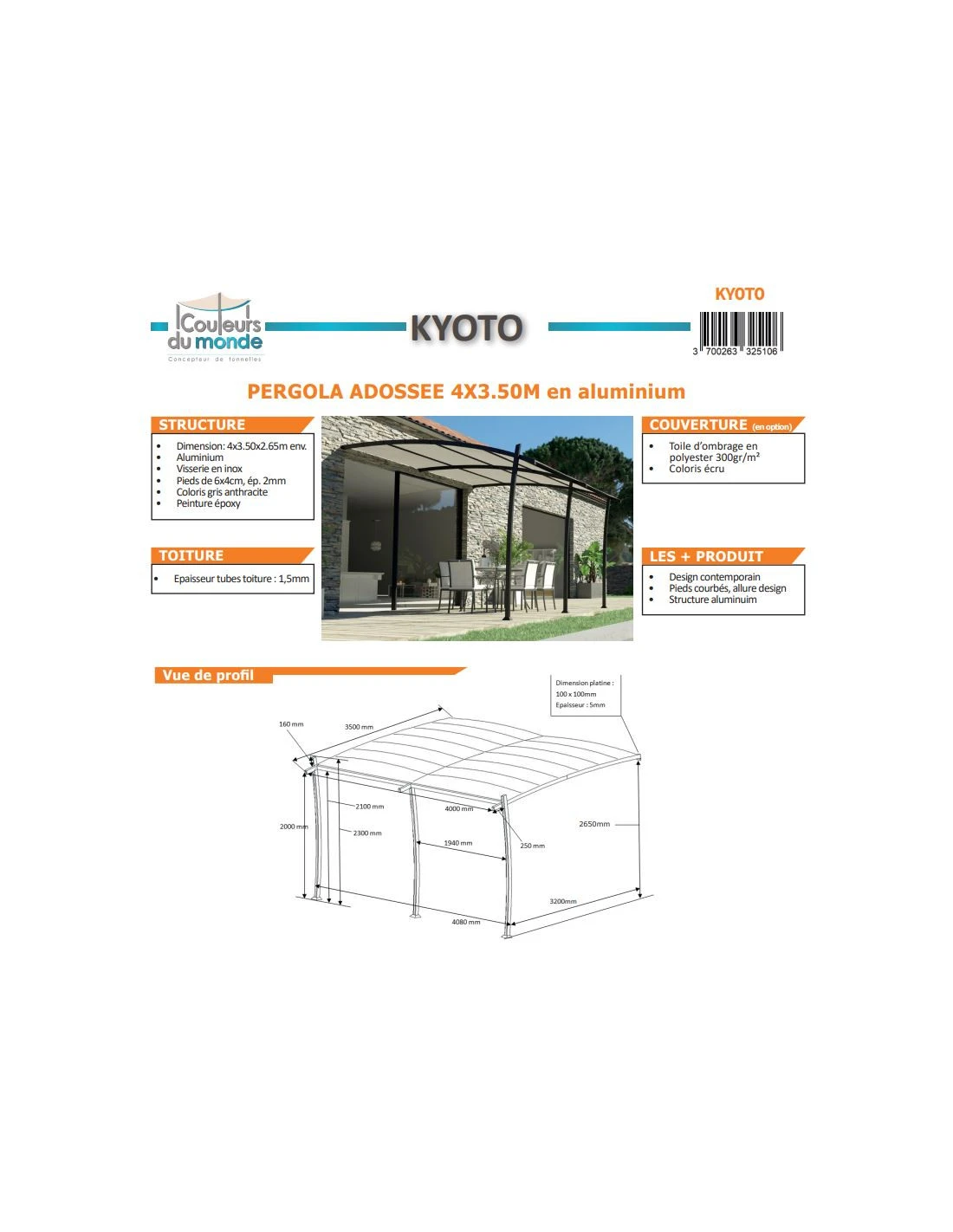 Pergola Adossée KYOTO 3,5 X 4 M En Aluminium Structure Seule 5 Pergola Adossée KYOTO 3,5 X 4 M En Aluminium Structure Seule – Image 3