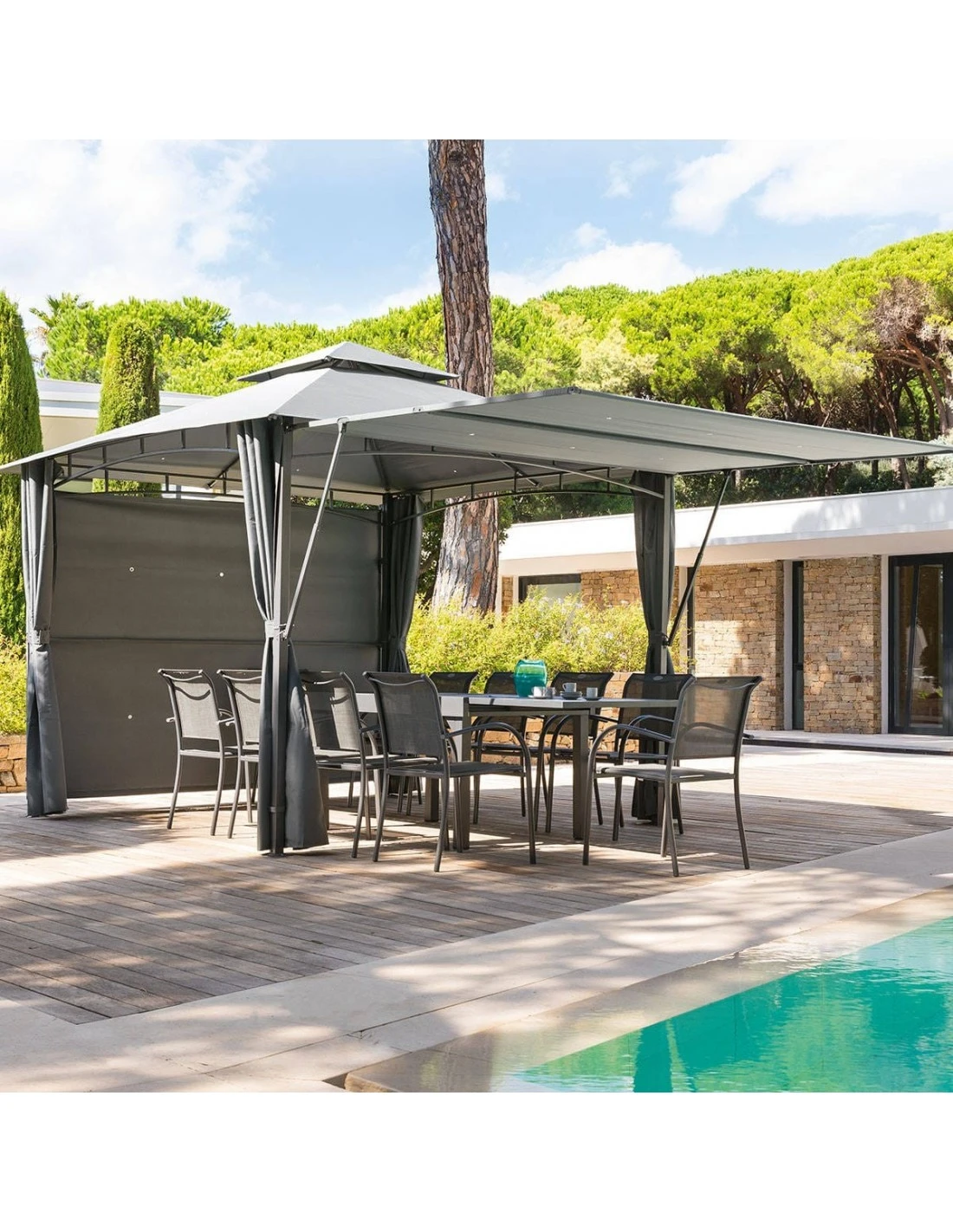 Tonnelle Avec Auvent Amalya 3x3m - Acier Traité époxy, Polyester Ardoise 3 Tonnelle Avec Auvent Amalya 3x3m - Acier Traité époxy, Polyester Ardoise